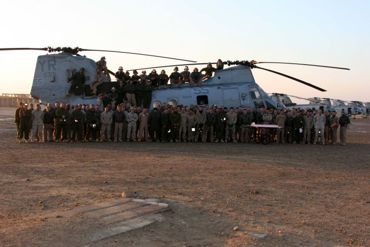 Image: Greyhawks squadron’s birthday photograph by and on a U.S.M.C. CH-46 Sea Knight Helicopter